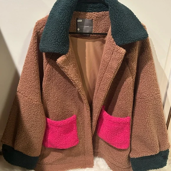 Anthropologie — Teddy Jacket Brown and Pink Cozy Oversized - Picture 1 of 4